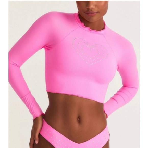 LoveShackFancy X Hurley rhinestone hot pink long sleeve rash guard - Picture 7 of 8